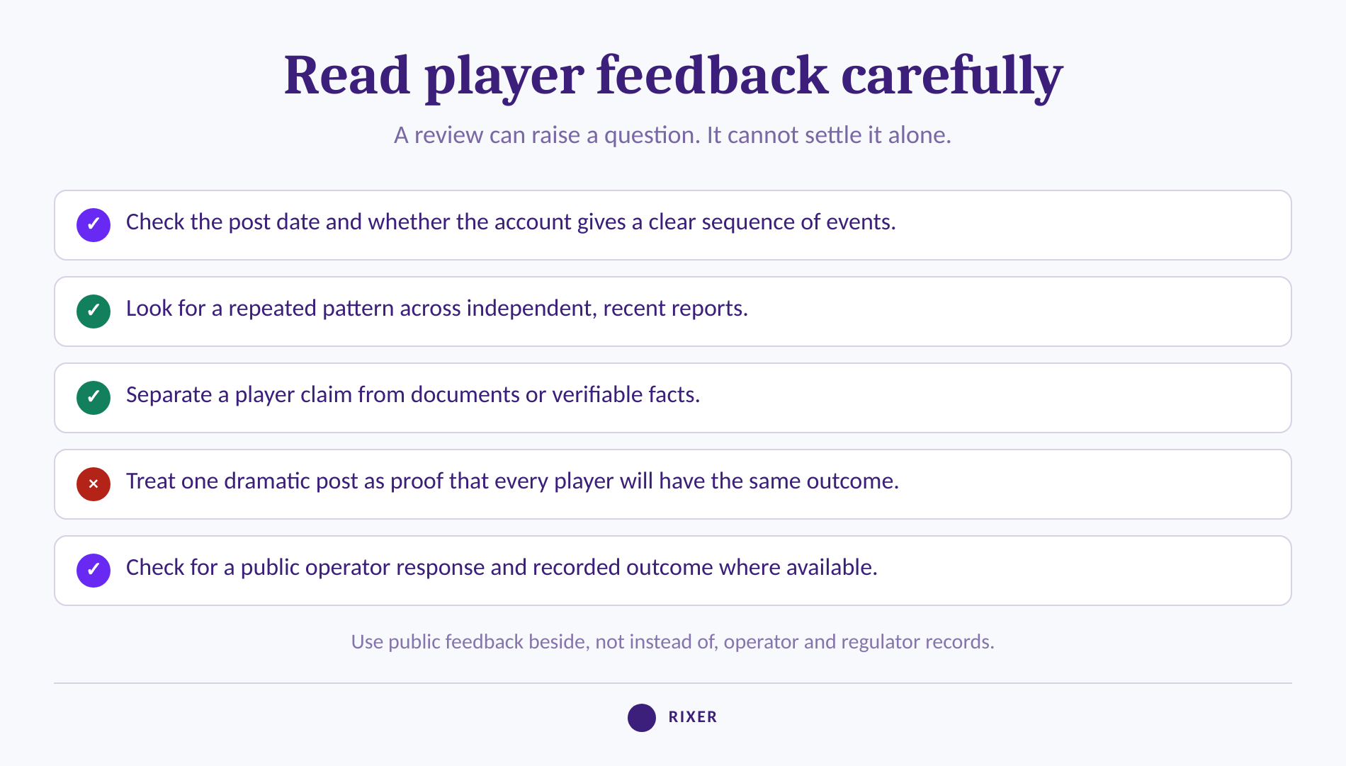 Checklist for assessing public casino feedback before treating it as a trust signal