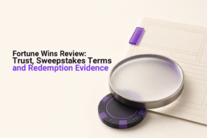 Casino chip and inspection lens beside a neutral terms document for a Fortune Wins evidence review