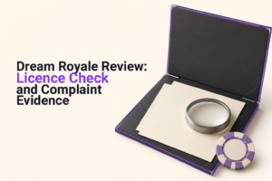 Casino chip under an inspection lens beside a licence document