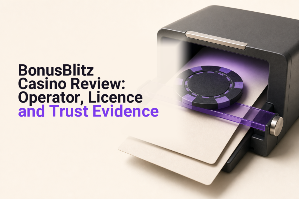 Casino chip, licence document and magnifying lens representing a BonusBlitz verification check
