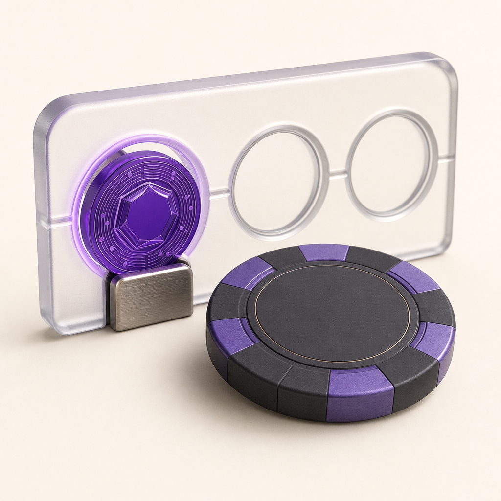 Crypto token and casino chip beside a network selection card