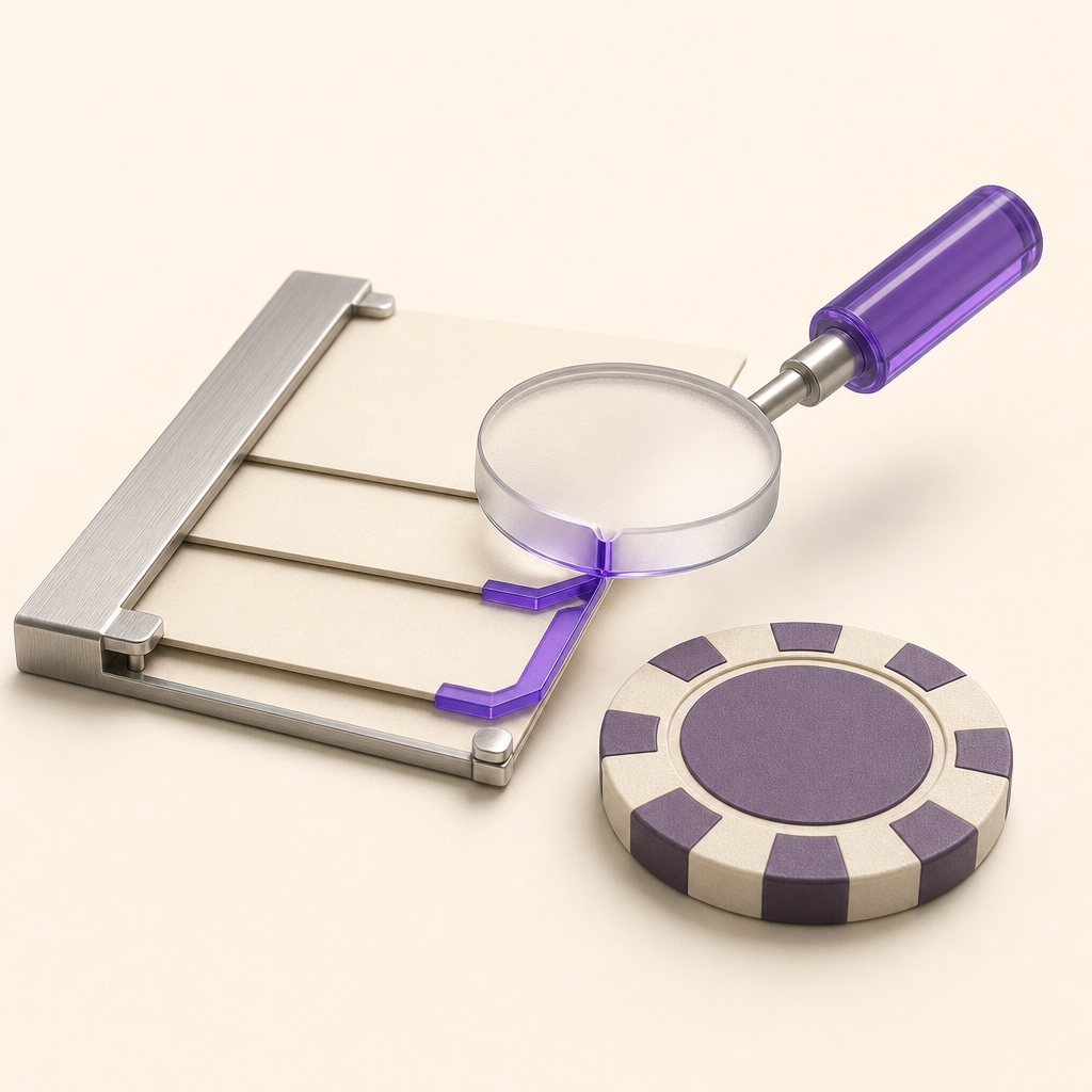 Casino chip and document checked under a magnifying lens