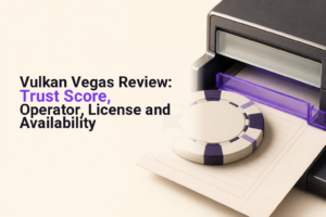 Casino chip and a formal document under an inspection lens, representing a Vulkan Vegas evidence check