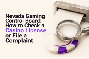 Casino chip, license document, and inspection lens representing Nevada casino checks