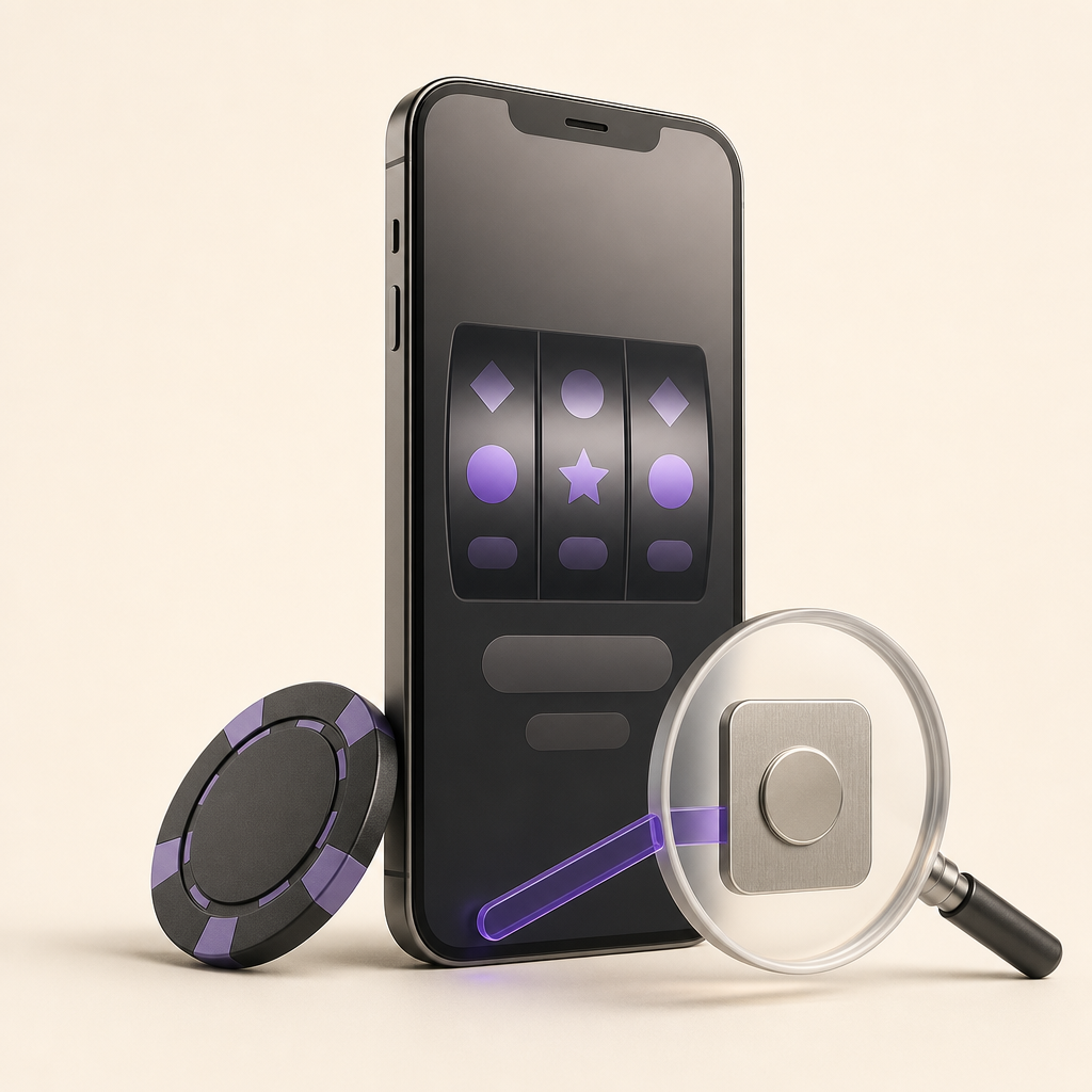 Smartphone, casino chip, and magnifying lens used to verify an app publisher