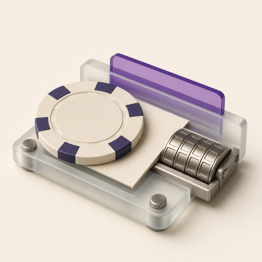 Casino chip beside a regulator document examined through a lens