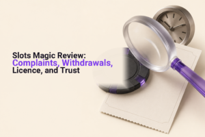 Casino chip beside a payment receipt and clock, representing a Slots Magic withdrawal review