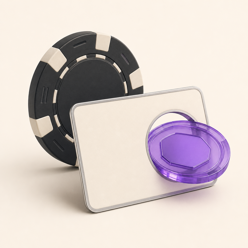 Casino chip, generic digital token, and identity document showing crypto withdrawal verification