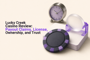 Casino chip, inspection lens, verification document, and clock for a Lucky Creek Casino payout and license review