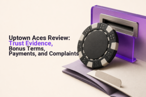 Casino chip under a magnifying lens beside layered bonus terms documents