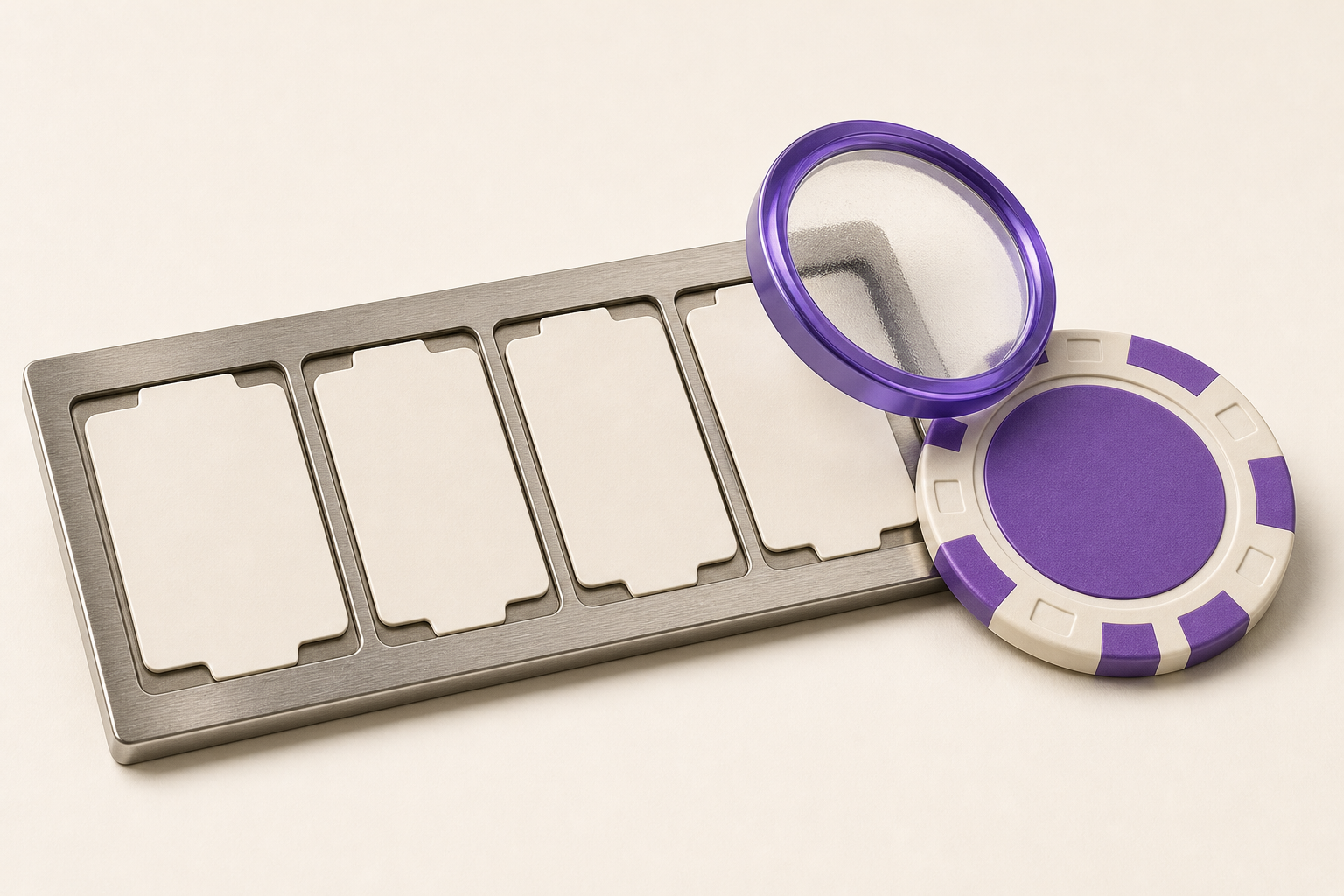 Inspection lens comparing a casino chip with three separate unmarked web address cards