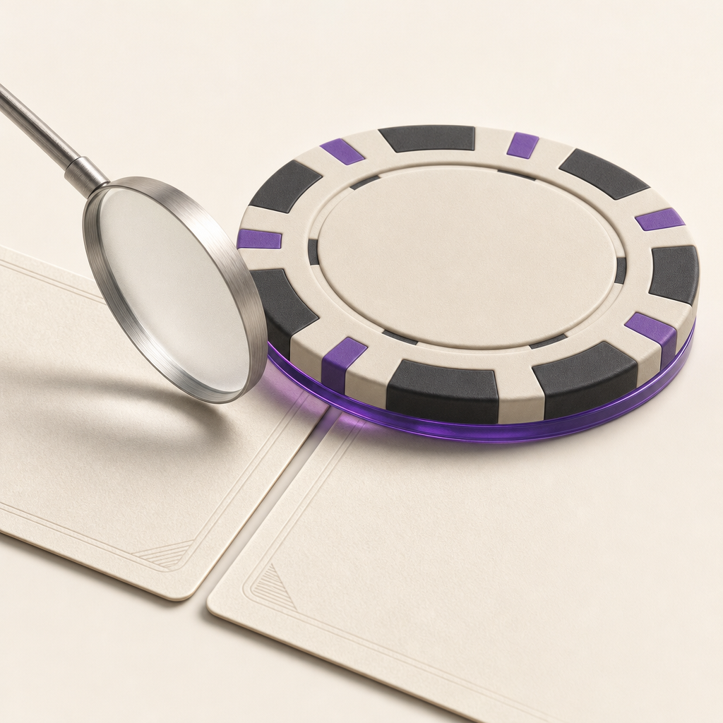 A casino chip, formal document, and magnifying lens representing licence verification