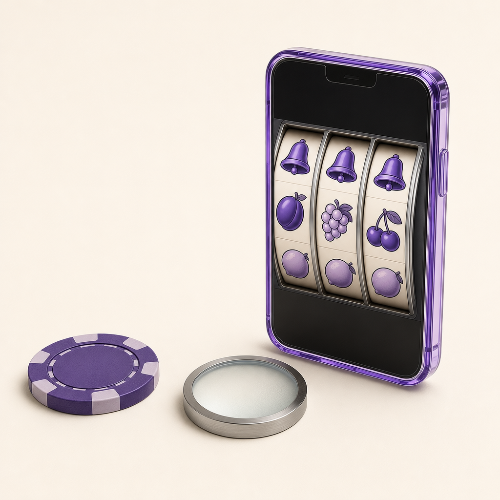A casino chip, smartphone, and website address card shown as separate products