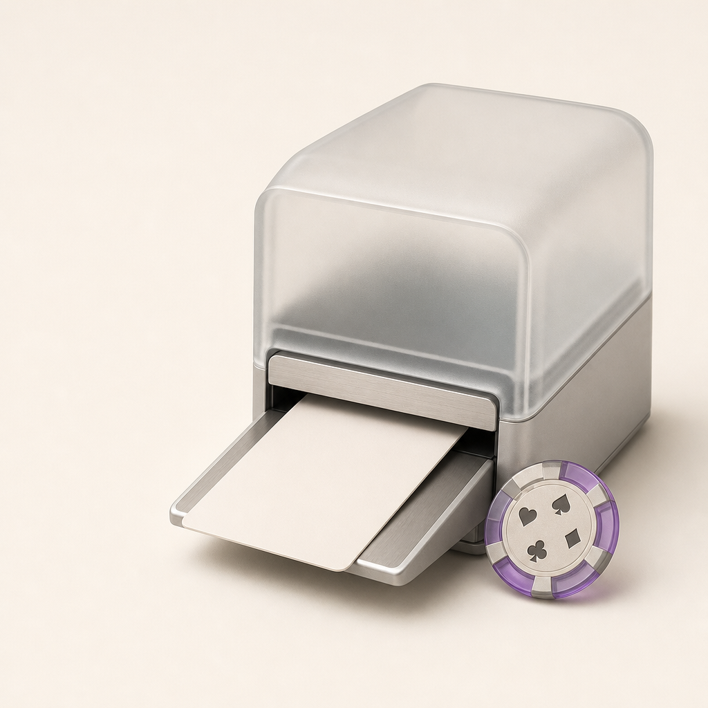 Neutral identity card and casino chip beside a document scanner with room around the objects