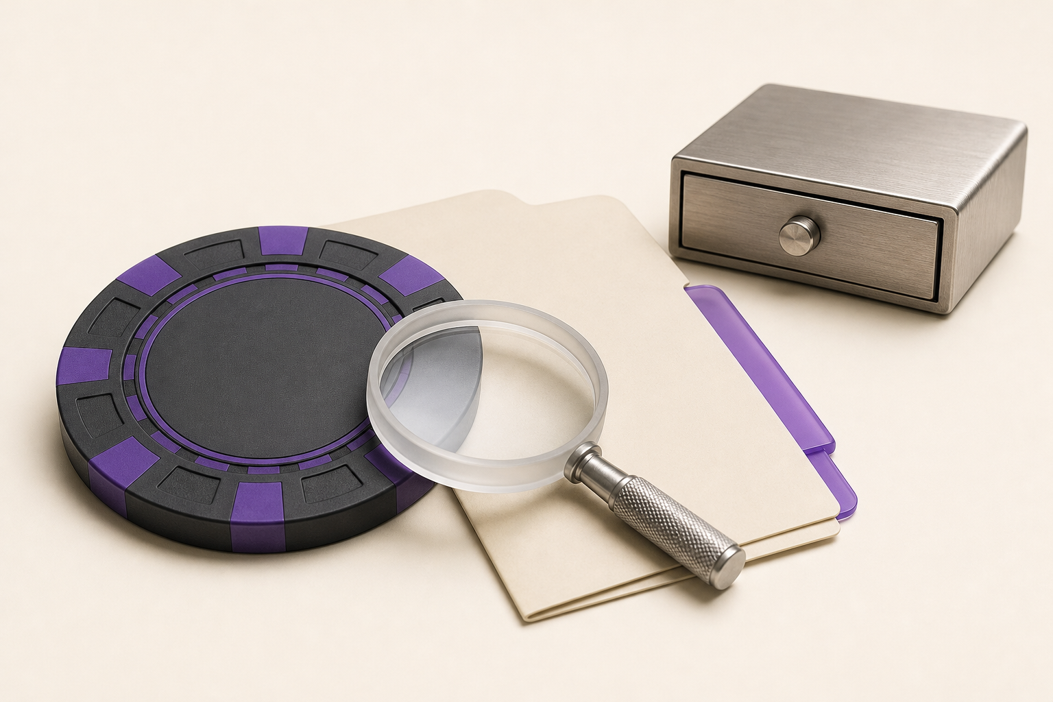 Casino chip under a magnifying lens beside a neutral evidence folder