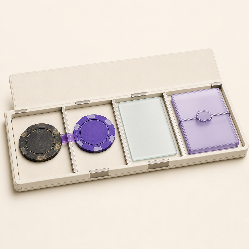 Magnifying lens comparing a casino chip, company record, regulator document, and account file