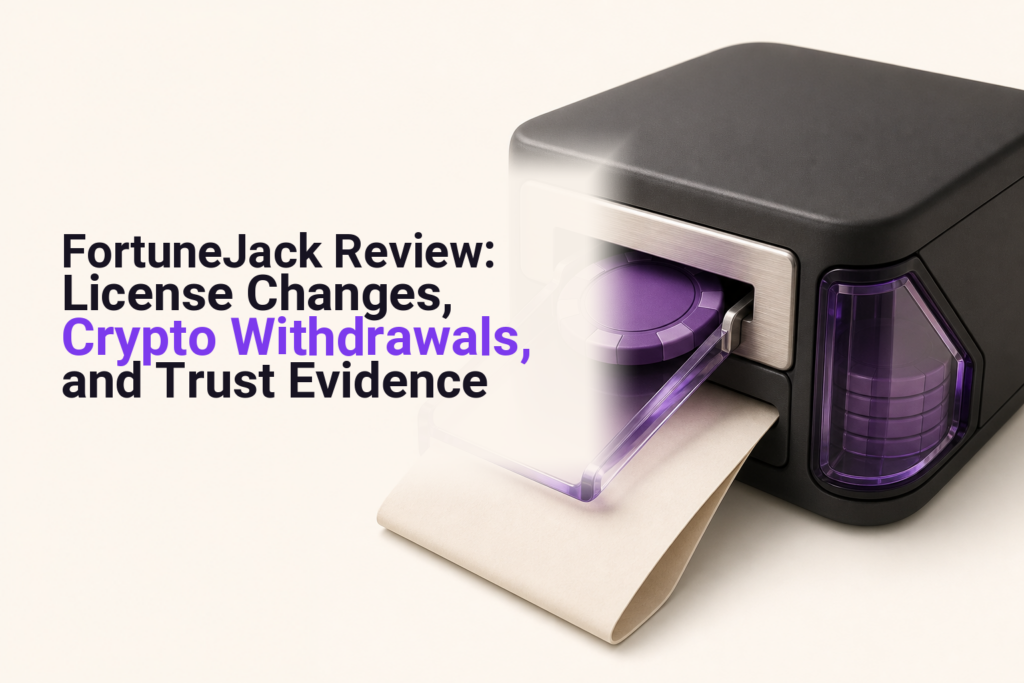 Casino chip, crypto wallet, payment receipt, and magnifying glass representing a FortuneJack evidence review.