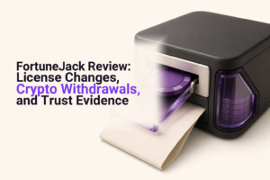 Casino chip, crypto wallet, payment receipt, and magnifying glass representing a FortuneJack evidence review.