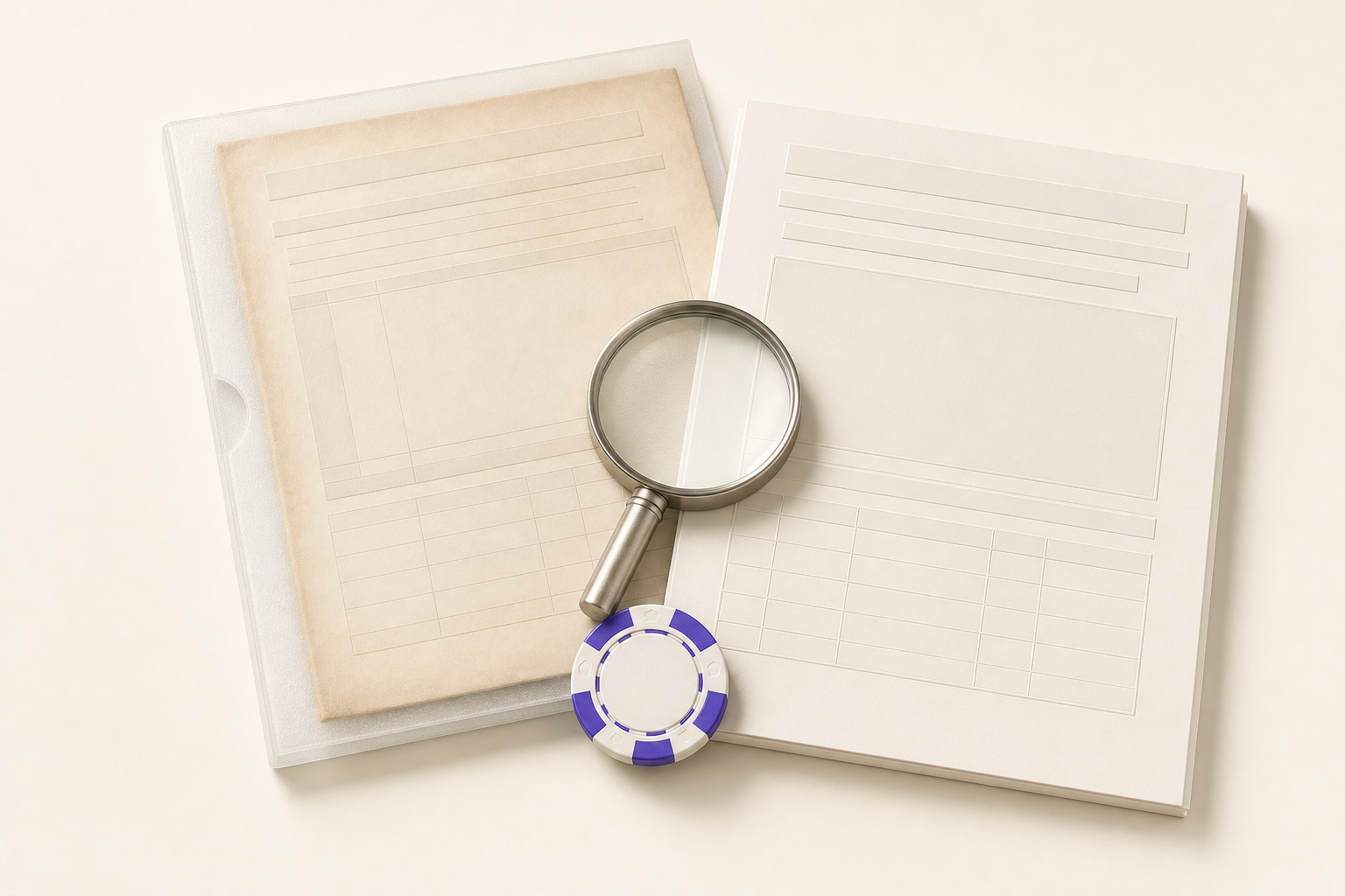 Two dated regulatory documents examined with a magnifying glass beside a casino chip.