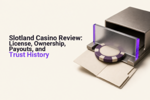 Casino chip and magnifying lens examining a formal licensing document