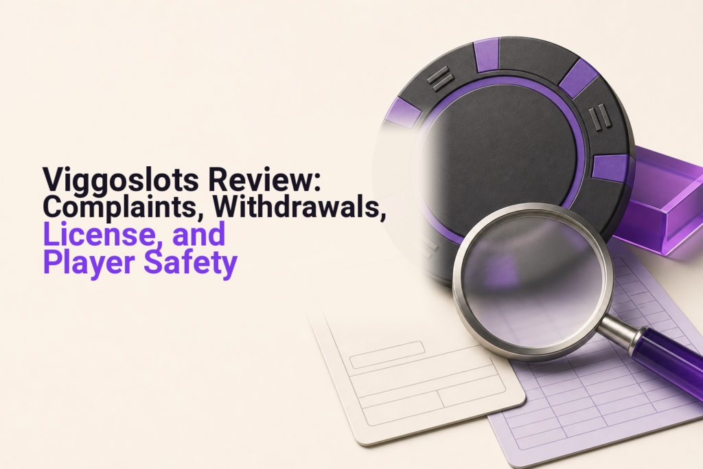 Casino chip beside a payment receipt and inspection lens, representing a Viggoslots withdrawal and license review