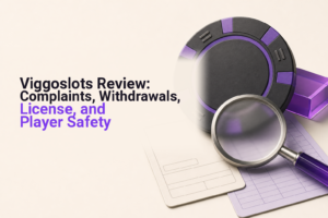 Casino chip beside a payment receipt and inspection lens, representing a Viggoslots withdrawal and license review