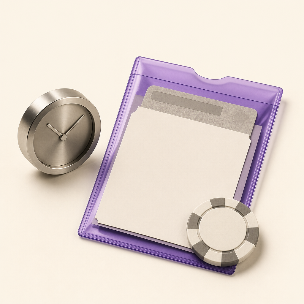 Casino chip, receipt, ID document, and clock arranged as evidence for a delayed withdrawal case