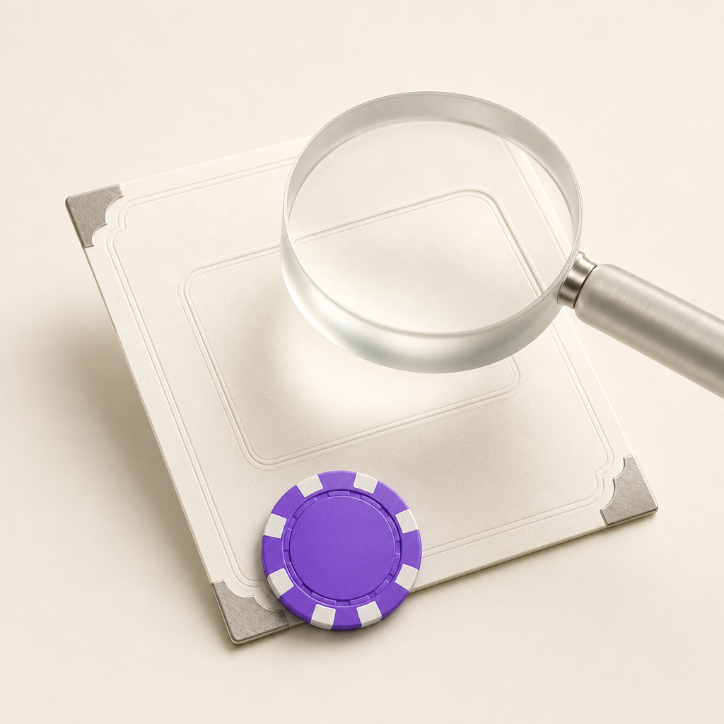 Casino chip and lens examining a license document