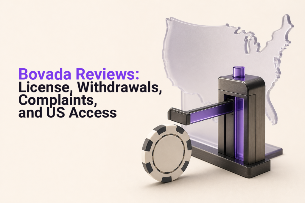 Casino chip under a magnifying glass beside a document, representing evidence-led Bovada review checks