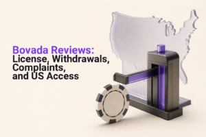 Casino chip under a magnifying glass beside a document, representing evidence-led Bovada review checks