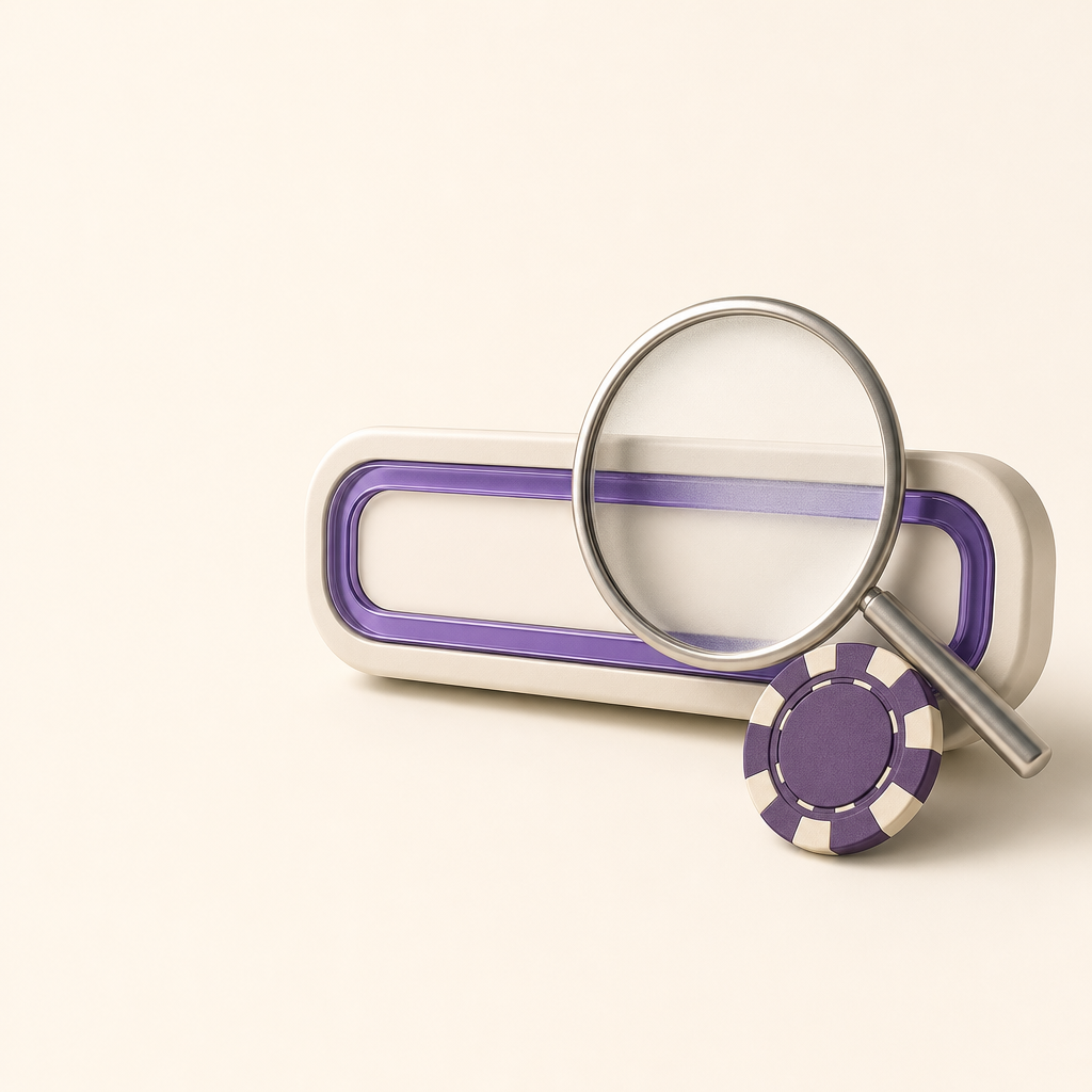 Browser address bar, casino chip, and magnifying glass used to check a casino domain
